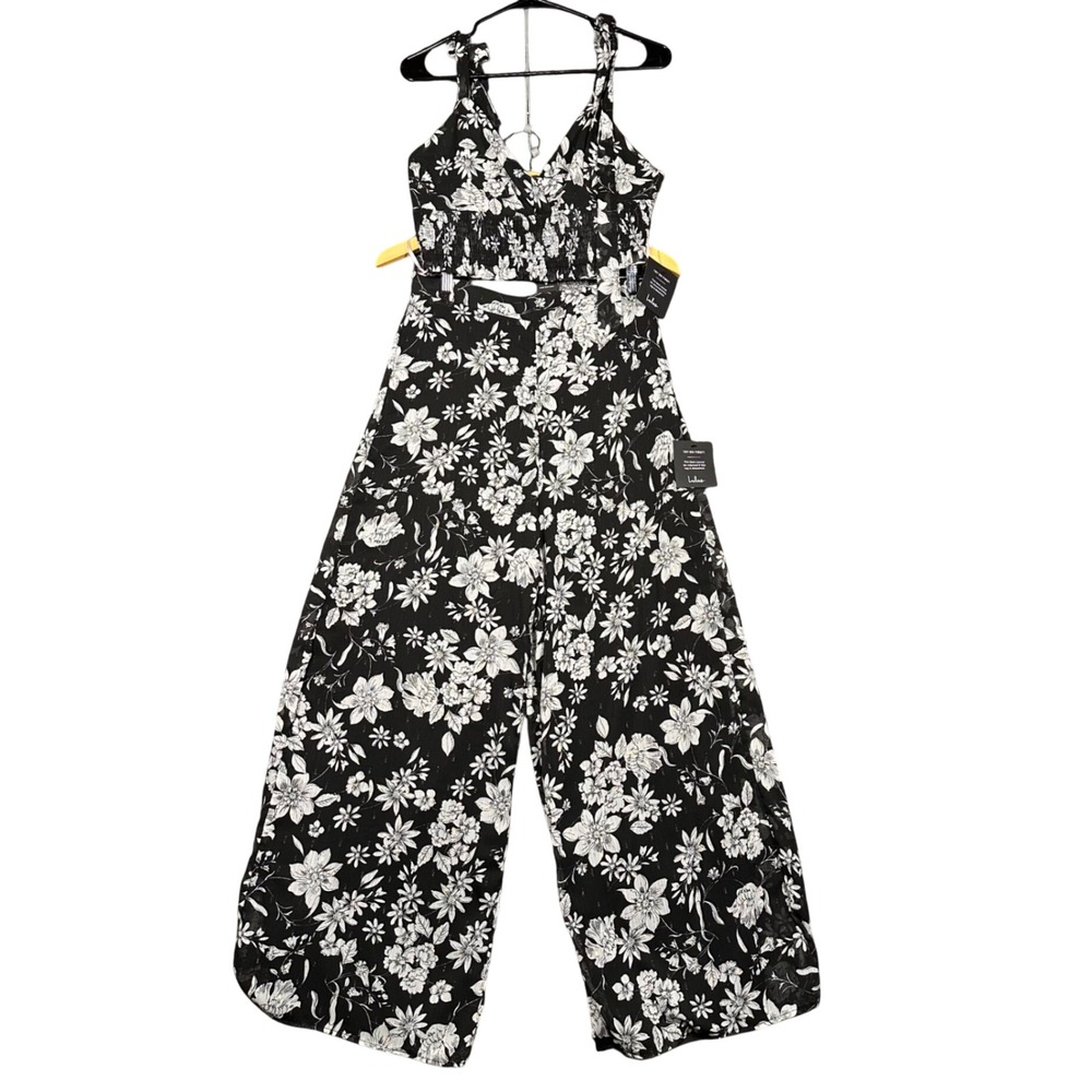 Lulus Touch of Magic Floral Two Piece Set Black White Gold Metallic Wide Leg NWT